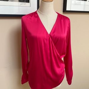 WHBM Long Sleeved Ruched cuff wrap blouse. Hollywood color (Hot pink). NWT XS